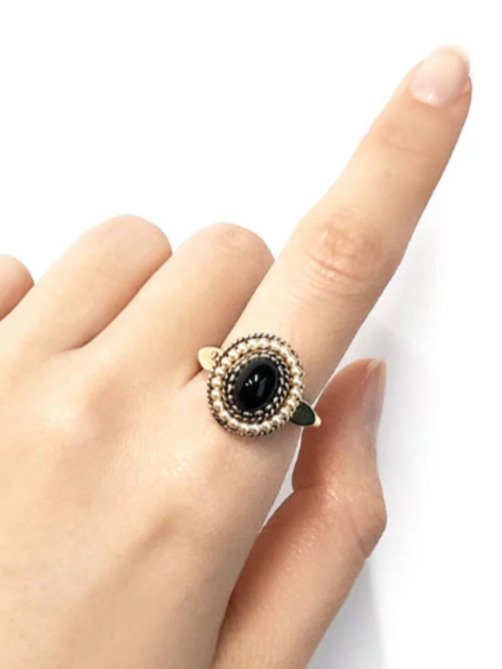 Vintage AVON Faux Black Onyx & Seed Pearl Adjustable Ring size 5-6